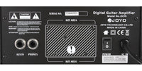 Back of Joyo DC-15 instrument amplifier showing on/off bottom, electricity input. aux in and phones output.