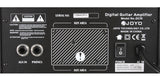 Back of Joyo DC-15 instrument amplifier showing on/off bottom, electricity input. aux in and phones output.