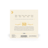 Back of D'addario oud strings pack showing different string gauges