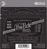 Back of D'addario EJ29 classical guitar pack showing string gauges