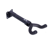 Hanger in black color with protective foam layer. 4 holes on the left side to allow mounting on wall. fork shape on right side to allow instrument hanging. 