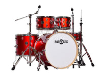 Drumset musica instrument in red color.  Showing one bass drum, one snare, 3 toms in addition to their hardware.