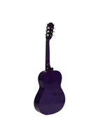 38 inch classical guitar in violet color. Viewed from back.